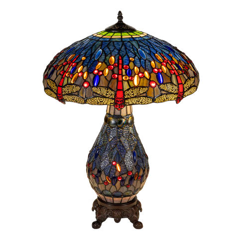 Extra grote Roruvera Tiffany tafellamp libellen met verlichte voet van glas in lood in blauw- en ambertinten, brandend