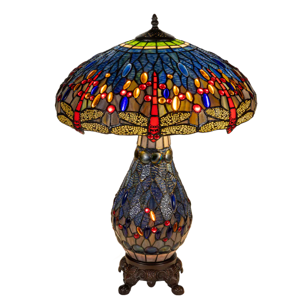 Tiffany tafellamp met verlichte voet – libellemotief – Ø 45 cm × H 61 cm (Art. 7603)