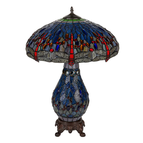 Extra grote Tiffany tafellamp libellen met verlichte voet van glas in lood in blauw-, rood- en ambertinten, uitgeschakeld