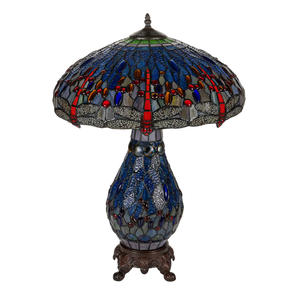Tiffany tafellamp met verlichte voet – libellemotief – Ø 45 cm × H 61 cm (Art. 7603)