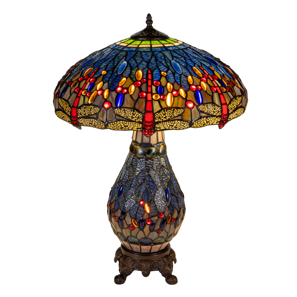 Tiffany tafellamp met verlichte voet – libellemotief – Ø 45 cm × H 61 cm (Art. 7603)