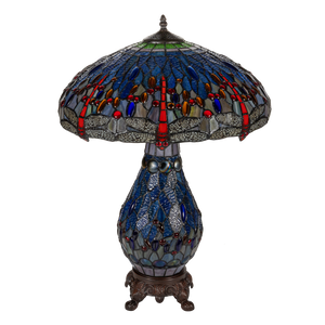 Tiffany tafellamp met verlichte voet – libellemotief – Ø 45 cm × H 61 cm (Art. 7603)