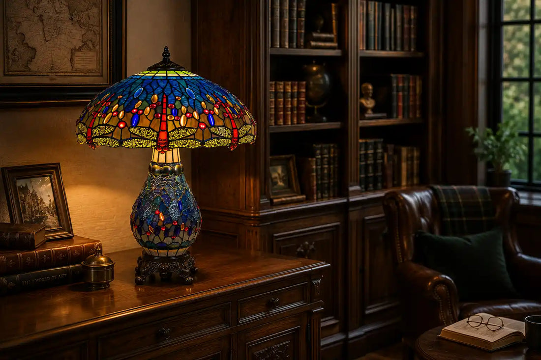 7603 - Blauwe Tiffany tafellamp met verlichte voet en libellenmotief in werkkamer | RORUVERA