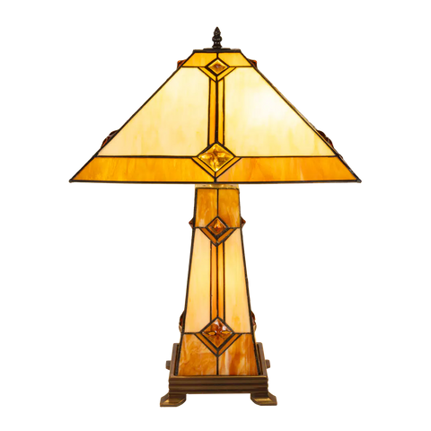 Tiffany tafellamp met verlichte voet – Art Deco geometrie – H 58 cm x B 41 cm (Art. 7604)