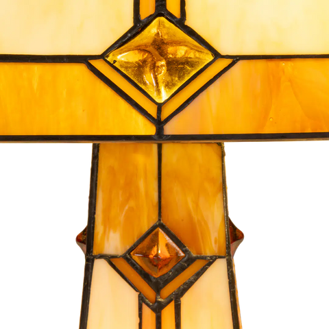 Detail Tiffany tafellamp art deco met verlichte voet van glas in lood in crème-, amber- en wit­tinten