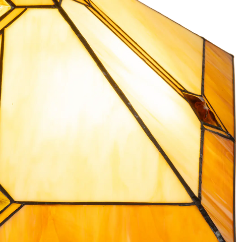 Detail Tiffany tafellamp art deco met verlichte voet van glas in lood in crème-, amber- en wit­tinten