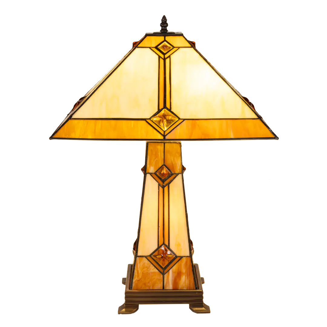Grote Roruvera Tiffany tafellamp art deco met verlichte voet van glas in lood in crème-, amber- en wit­tinten, brandend