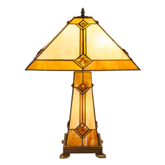 Tiffany tafellamp met verlichte voet – Art Deco geometrie – H 58 cm x B 41 cm (Art. 7604)
