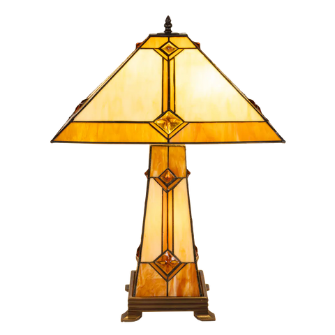 Grote Roruvera Tiffany tafellamp art deco met verlichte voet van glas in lood in crème-, amber- en wit­tinten, brandend