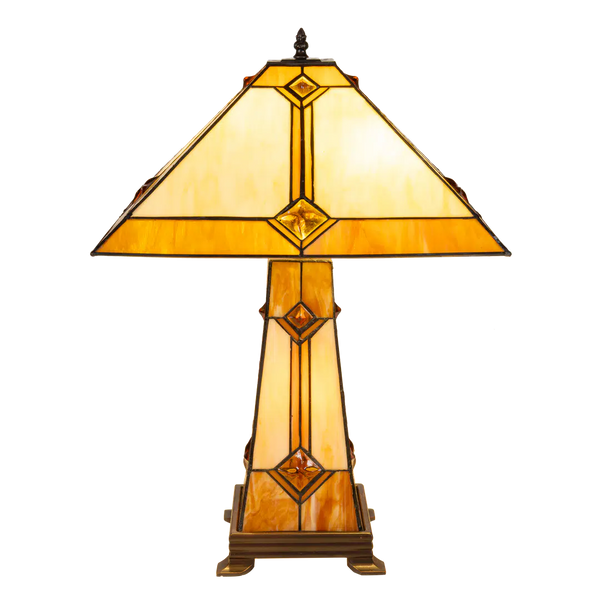 Tiffany tafellamp met verlichte voet – Art Deco geometrie – H 58 cm x B 41 cm (Art. 7604)