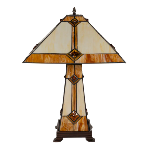 Grote Tiffany tafellamp art deco met verlichte voet van glas in lood in crème-, amber- en wit­tinten, uitgeschakeld