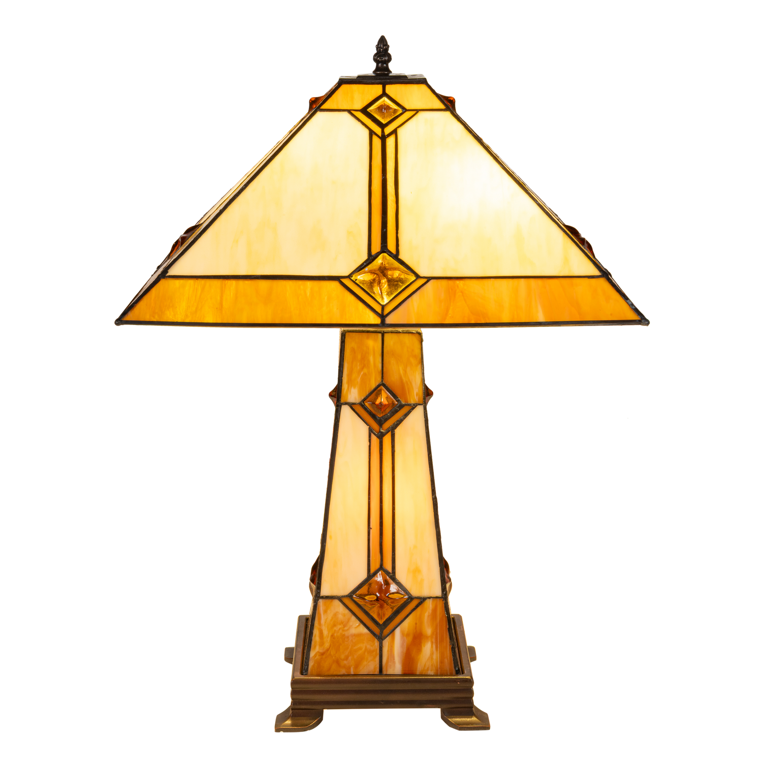 Tiffany tafellamp met verlichte voet – Art Deco geometrie – H 58 cm x B 41 cm (Art. 7604)