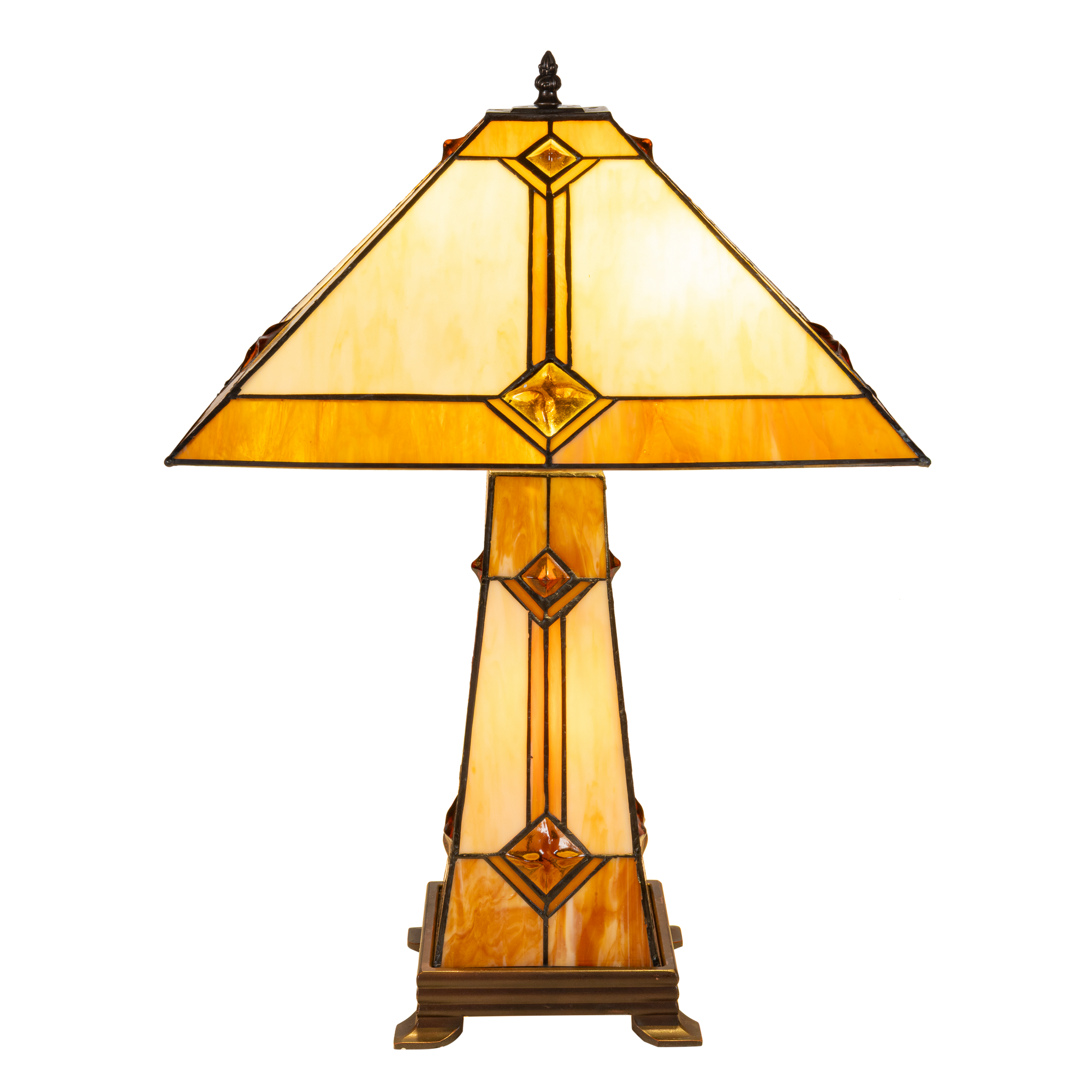 Tiffany tafellamp met verlichte voet – Art Deco geometrie – H 58 cm x B 41 cm (Art. 7604)