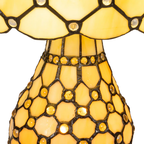Detail Tiffany tafellamp ruitpatroon met verlichte voet met glasaccenten van glas in lood in crèmetinten