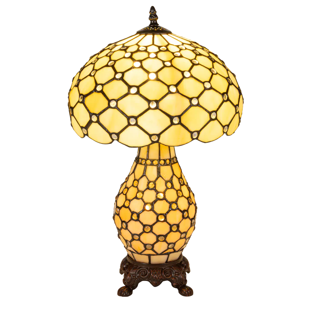 Tiffany tafellamp met verlichte voet – honingraatstructuur – Ø 30 cm × H 48 cm (Art. 7605)