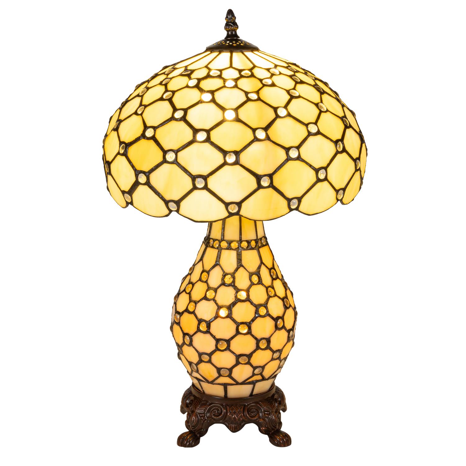 Tiffany tafellamp met verlichte voet – honingraatstructuur – Ø 30 cm × H 48 cm (Art. 7605)