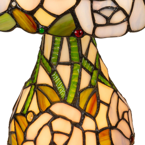 Tiffany tafellamp met verlichte voet – rozen & bladmotief – Ø 30 cm × H 48 cm (Art. 7606)