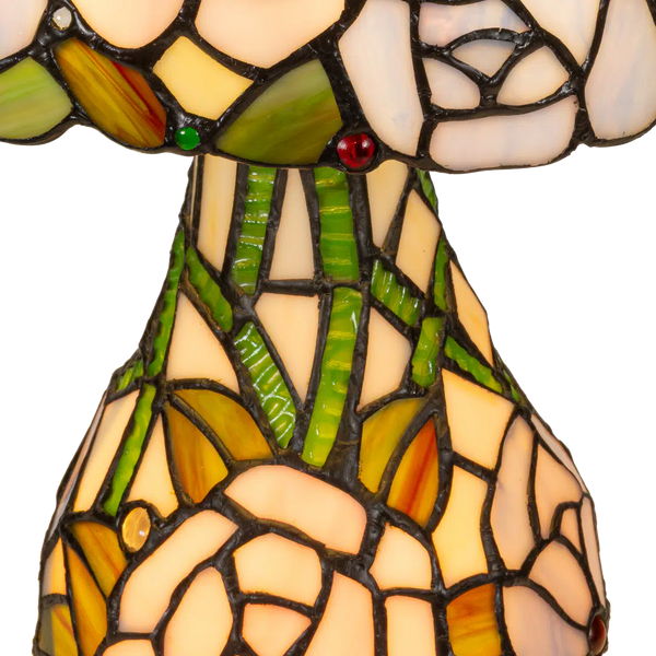 Tiffany tafellamp met verlichte voet – rozen & bladmotief – Ø 30 cm × H 48 cm (Art. 7606)