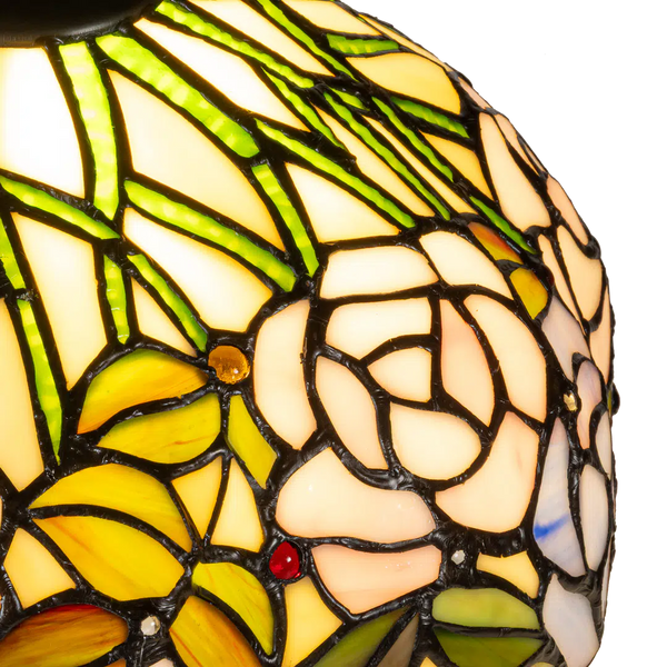 Tiffany tafellamp met verlichte voet – rozen & bladmotief – Ø 30 cm × H 48 cm (Art. 7606)