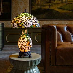 Tiffany tafellamp met verlichte voet Rozen & Bladeren – Crème, Roze & Blauw – H 48 cm (Art. 7606)