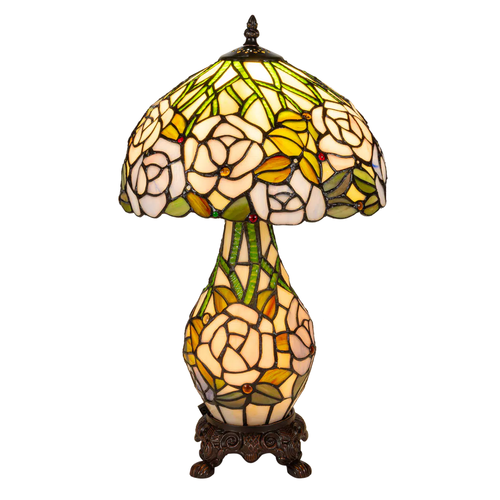 Tiffany tafellamp met verlichte voet – rozen & bladmotief – Ø 30 cm × H 48 cm (Art. 7606)