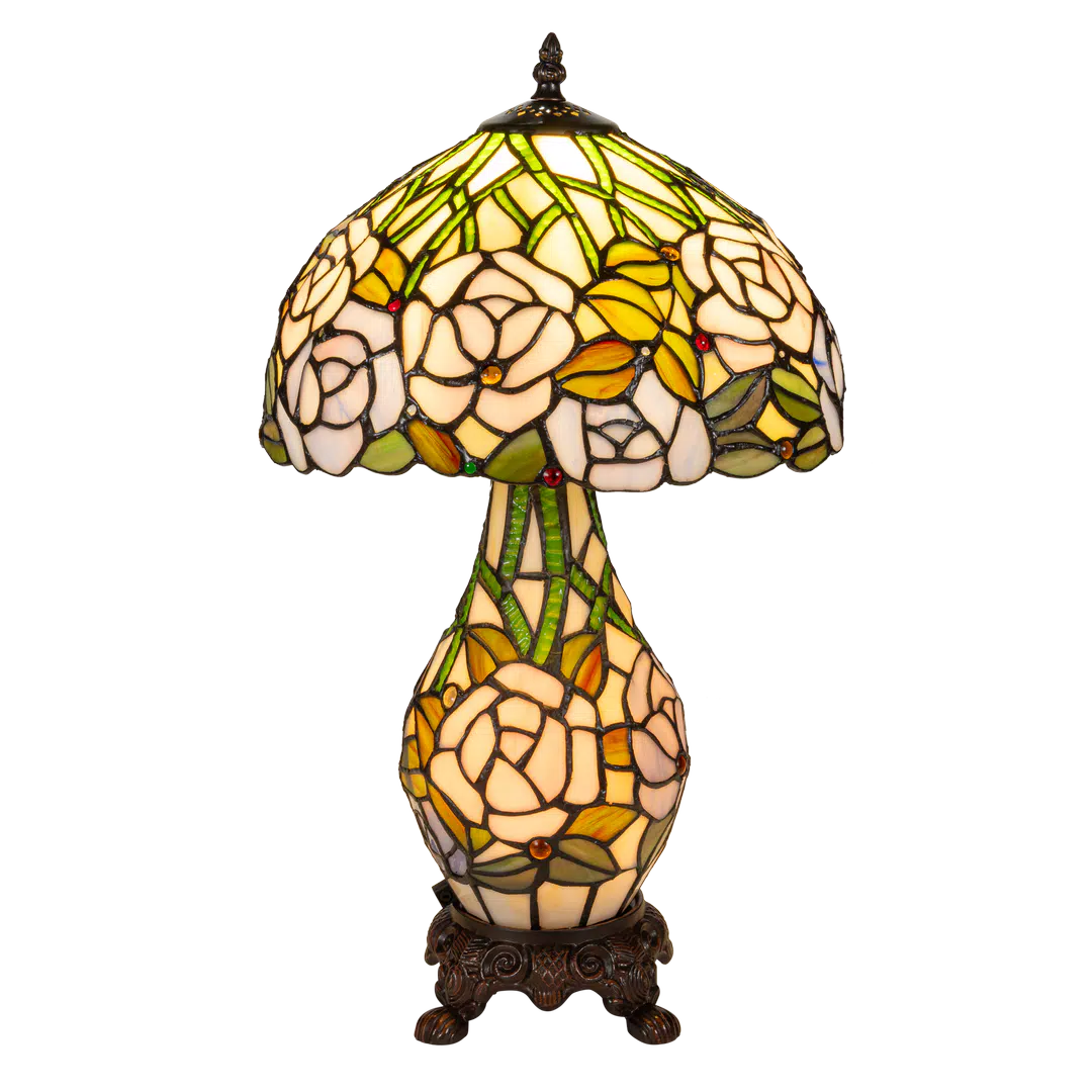 Tiffany tafellamp met verlichte voet – rozen & bladmotief – Ø 30 cm × H 48 cm (Art. 7606)