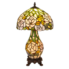 Tiffany tafellamp met verlichte voet – rozen & bladmotief – Ø 30 cm × H 48 cm (Art. 7606)