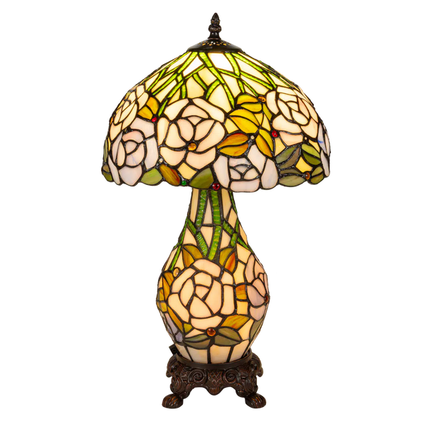 Tiffany tafellamp met verlichte voet – rozen & bladmotief – Ø 30 cm × H 48 cm (Art. 7606)