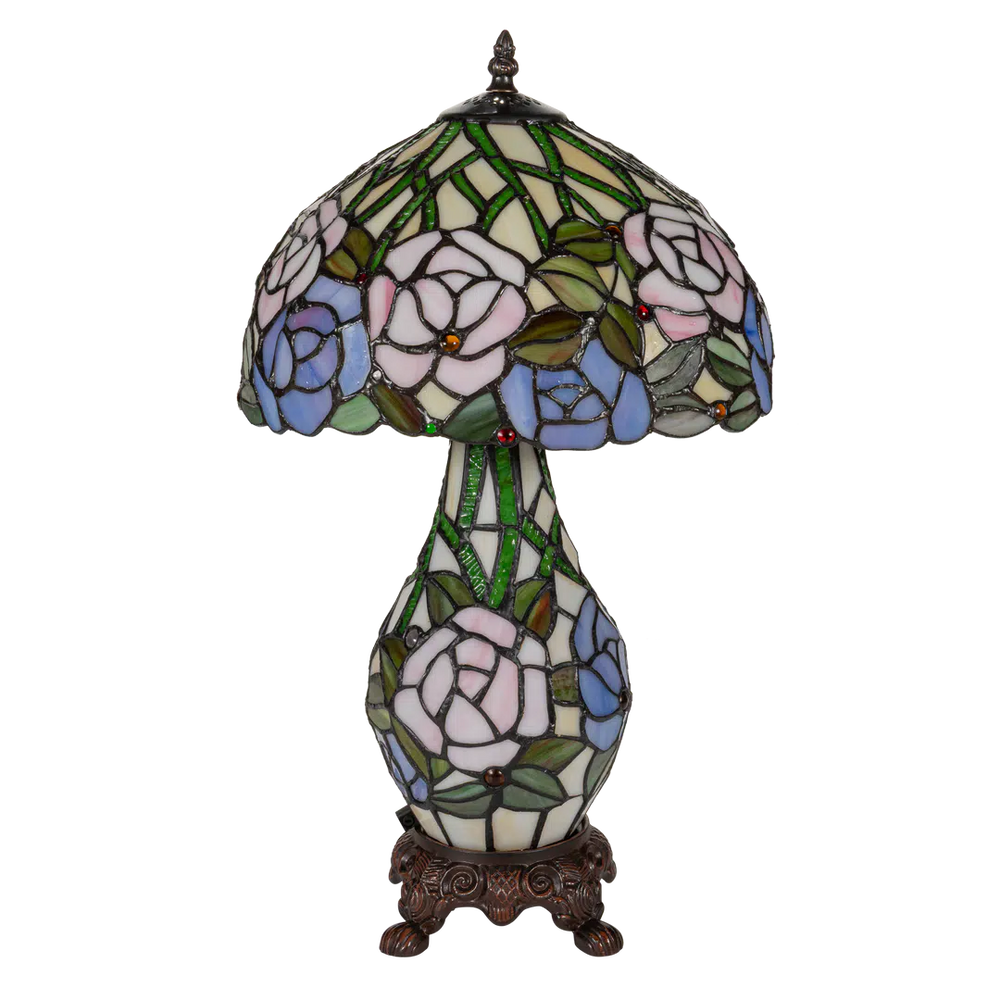 Tiffany tafellamp met verlichte voet – rozen & bladmotief – Ø 30 cm × H 48 cm (Art. 7606)