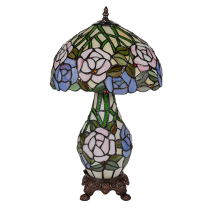 Tiffany tafellamp met verlichte voet – rozen & bladmotief – Ø 30 cm × H 48 cm (Art. 7606)