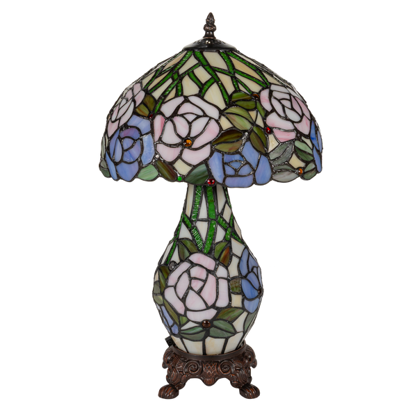 Tiffany tafellamp met verlichte voet – rozen & bladmotief – Ø 30 cm × H 48 cm (Art. 7606)