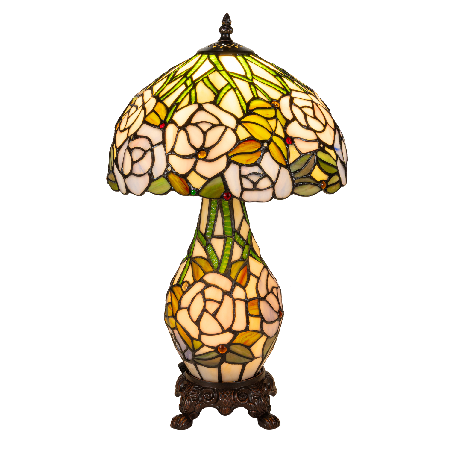 Tiffany tafellamp met verlichte voet – rozen & bladmotief – Ø 30 cm × H 48 cm (Art. 7606)