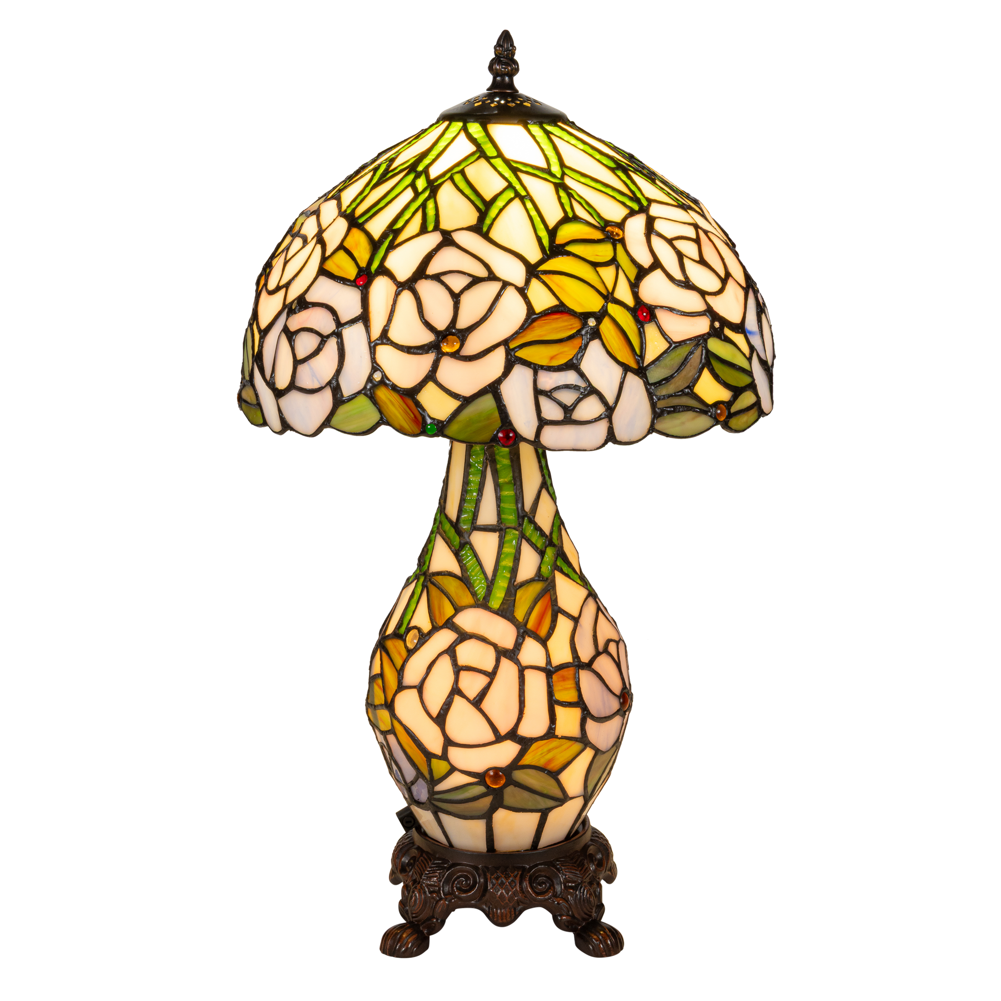 Tiffany tafellamp met verlichte voet – rozen & bladmotief – Ø 30 cm × H 48 cm (Art. 7606)