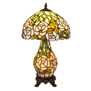 Tiffany tafellamp met verlichte voet – rozen & bladmotief – Ø 30 cm × H 48 cm (Art. 7606)