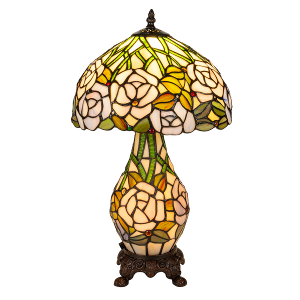 Tiffany tafellamp met verlichte voet – rozen & bladmotief – Ø 30 cm × H 48 cm (Art. 7606)