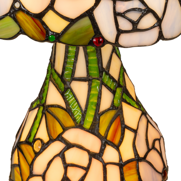 Tiffany tafellamp met verlichte voet – rozen & bladmotief – Ø 30 cm × H 48 cm (Art. 7606)