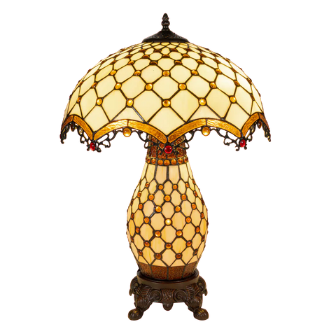 Tiffany tafellamp met verlichte voet – amber & rood accenten – Ø 41 cm × H 58 cm (Art. 7607)