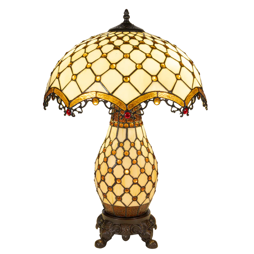 Tiffany tafellamp met verlichte voet – amber & rood accenten – Ø 41 cm × H 58 cm (Art. 7607)