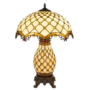 Tiffany tafellamp met verlichte voet – amber & rood accenten – Ø 41 cm × H 58 cm (Art. 7607)