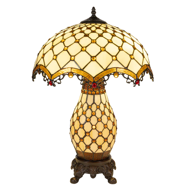 Tiffany tafellamp met verlichte voet – amber & rood accenten – Ø 41 cm × H 58 cm (Art. 7607)