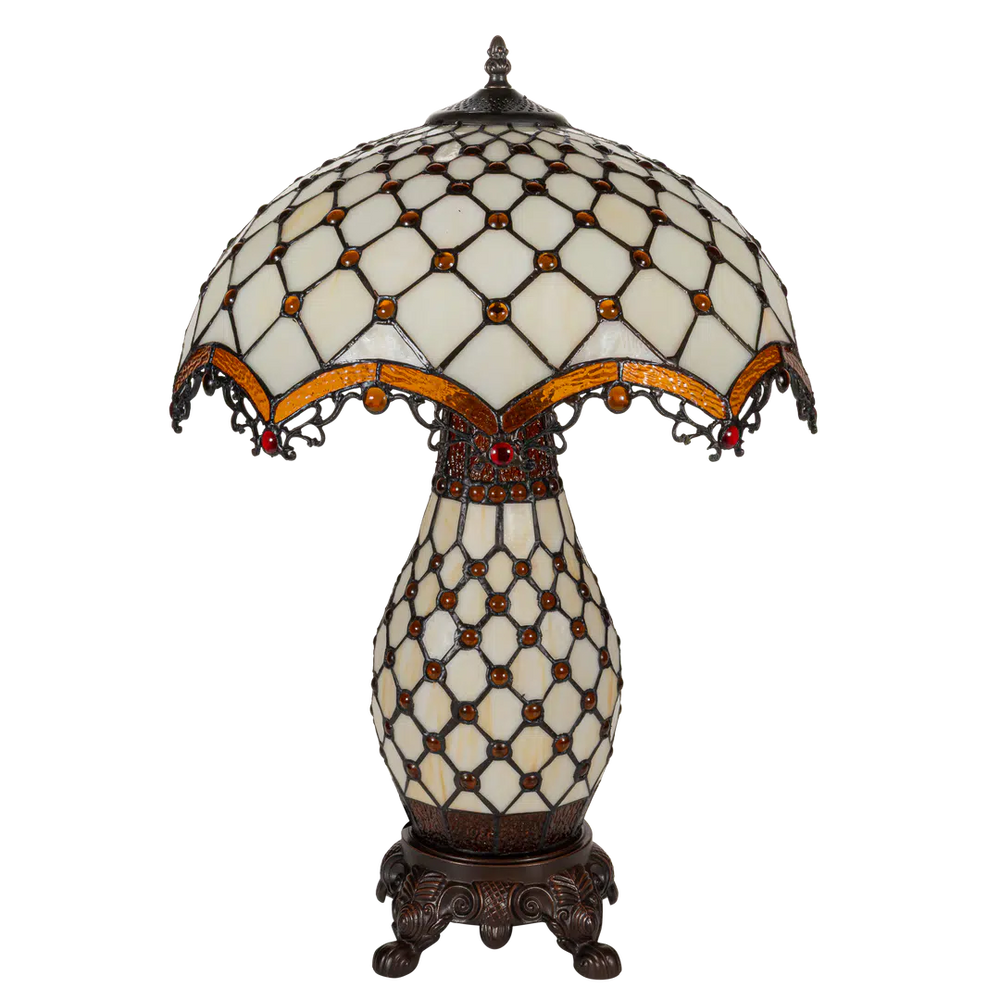 Tiffany tafellamp met verlichte voet – amber & rood accenten – Ø 41 cm × H 58 cm (Art. 7607)