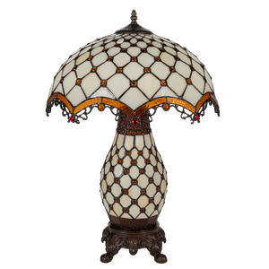 Tiffany tafellamp met verlichte voet – amber & rood accenten – Ø 41 cm × H 58 cm (Art. 7607)