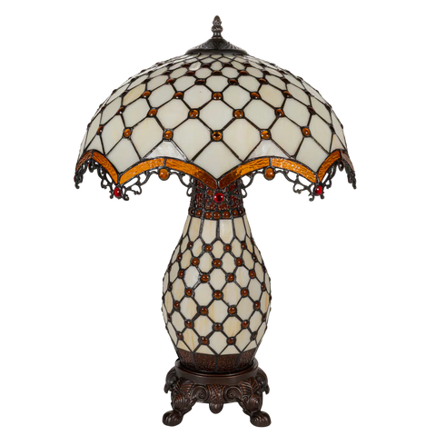 Grote Tiffany tafellamp ruitpatroon met verlichte voet van glas in lood in crème- en bruintinten, uitgeschakeld