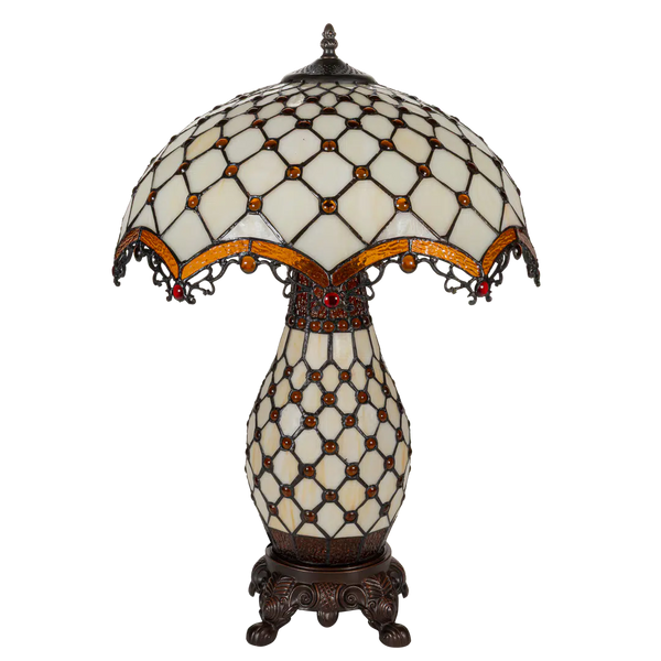 Tiffany tafellamp met verlichte voet – amber & rood accenten – Ø 41 cm × H 58 cm (Art. 7607)