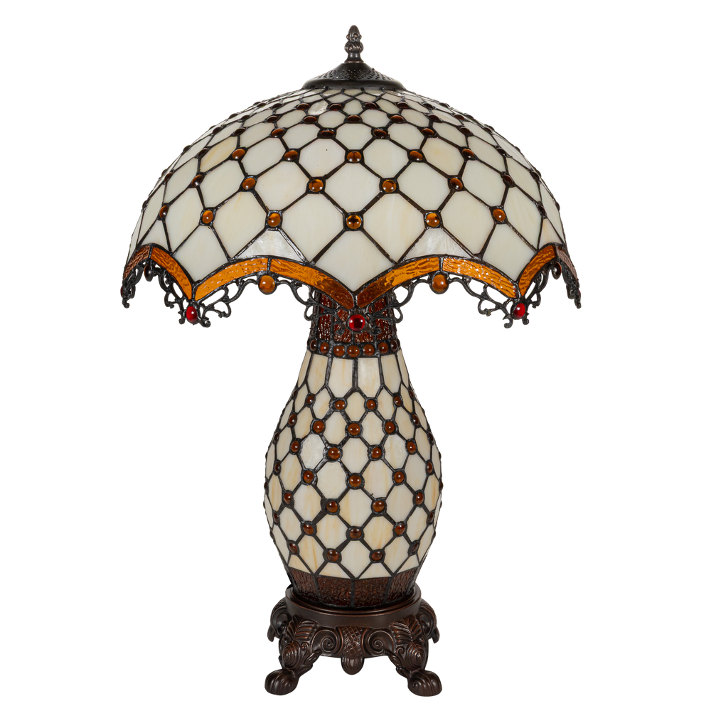 Tiffany tafellamp met verlichte voet – amber & rood accenten – Ø 41 cm × H 58 cm (Art. 7607)