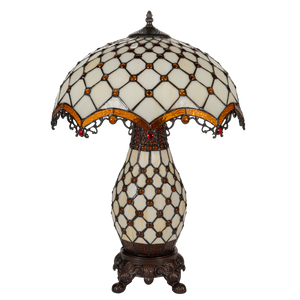 Tiffany tafellamp met verlichte voet – amber & rood accenten – Ø 41 cm × H 58 cm (Art. 7607)