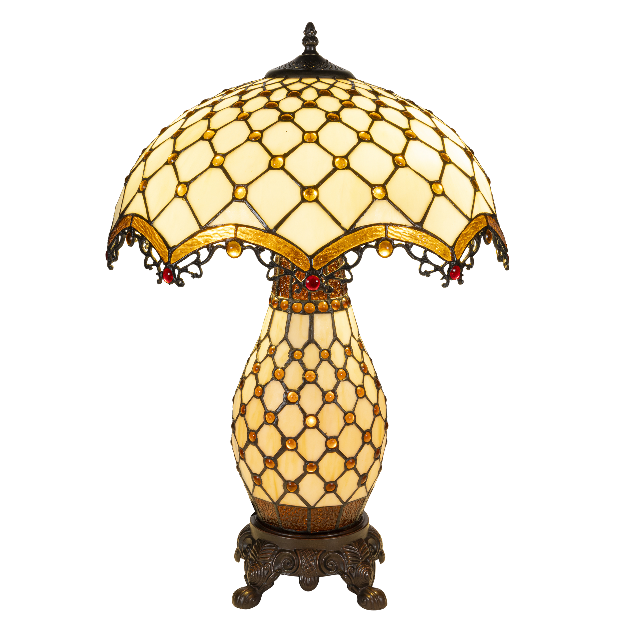 Tiffany tafellamp met verlichte voet – amber & rood accenten – Ø 41 cm × H 58 cm (Art. 7607)