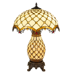 Tiffany tafellamp met verlichte voet – amber & rood accenten – Ø 41 cm × H 58 cm (Art. 7607)