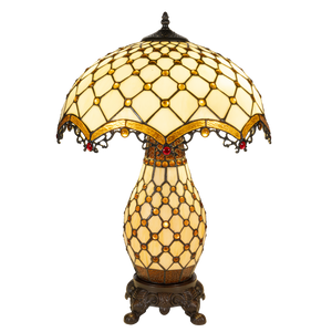 Tiffany tafellamp met verlichte voet – amber & rood accenten – Ø 41 cm × H 58 cm (Art. 7607)