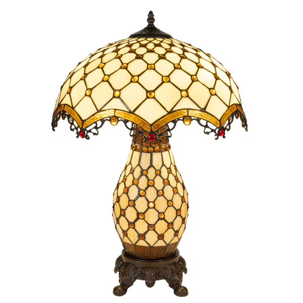 Tiffany tafellamp met verlichte voet – amber & rood accenten – Ø 41 cm × H 58 cm (Art. 7607)